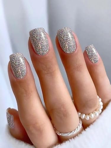 Faux Ongles Court MouyouGlow,Carré Argent Paillettes Couleur Unie Press on Nails avec Colle à Ongles,Gris Clair Bling Acryl Fake Nails