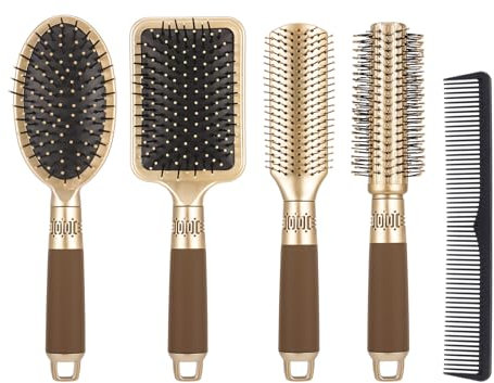 Partideal 5 Pcs Hair Brush Set Anti Static Massage Oval Comb Round Hair Brush Vent Hair Brush Detangling Brush Paddle Brush for Women Men(Gold)