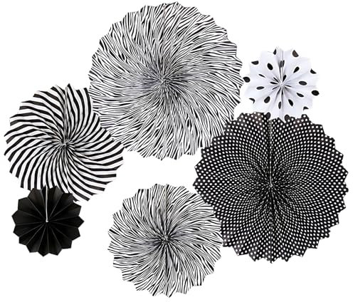 Cigtsico 6 Pcs Hanging Paper Fans, Party Paper Fans Decoration Pom Pom Paper Fans Paper Garlands Ceiling Wall Decor Rainbow Party Event Decorations Photo Back Drop (Black White)