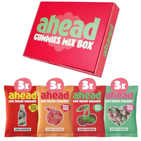 ahead Fruchtgummi Mixbox 12 x 50g | Süßigkeiten Ohne Zuckerzusatz | Nur 1g Zucker & 73 Kalorie mit 97% Weniger Zucker* | Low Carb Süßigkeiten | 4 Sorten: Sweet Peaches, Cola, Sour Cherries