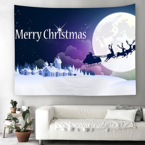 AMDXD Wandteppiche Weihnachten 300x260CM, Nacht Mood Santa Claus Elche und Häuser Wandtuch Bedspread in Polyester Digitaldruck, Weiß