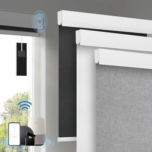 Motorized Blinds with Remote, [Free Solar Panels] Cordless Smart Blinds with Valance Cover, Blackout Electric Blinds with Remote Control, Automatic Roller Shades for Windows Light Gray 35 W x 72 H