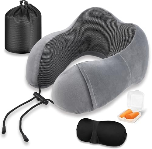 Cuscino da Viaggio, Cuscino Collo Memory Foam, Cuscino Cervicale da Viaggio Portatile con Maschera per gli Occhi e Tappi per le Orecchie, Borsa da Viaggio, Ideale per Viaggiare in Aereo,Auto e Treno