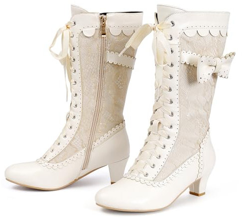Voviggiw Stivali vittoriani vintage da donna Stivali da nonna al polpaccio con cerniera Costume rinascimentale Scarpe con tacco medio Abito da sposa Stivali con fiocchi Marchio beige Taglia 38