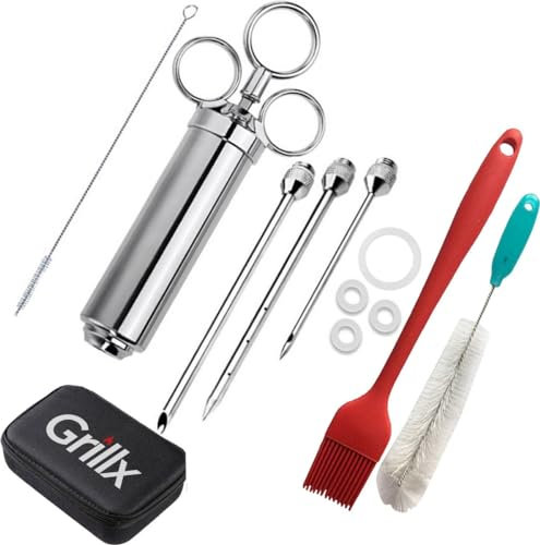 GrillX Luxus Marinade Spritze - Inklusive 3 Nadeln, Bürsten und Aufbewahrungsbeutel - Fleisch-Injektorspritze - BBQ Zubehör