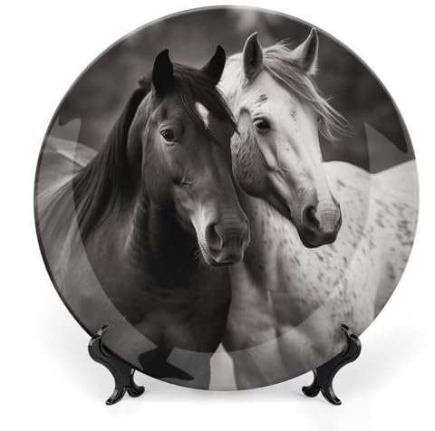 BTCOWZRV Assiette décorative en céramique avec motif chevaux noirs et blancs - Assiettes décoratives avec présentoir - Assiettes à dîner - Ornements en céramique pour décoration murale