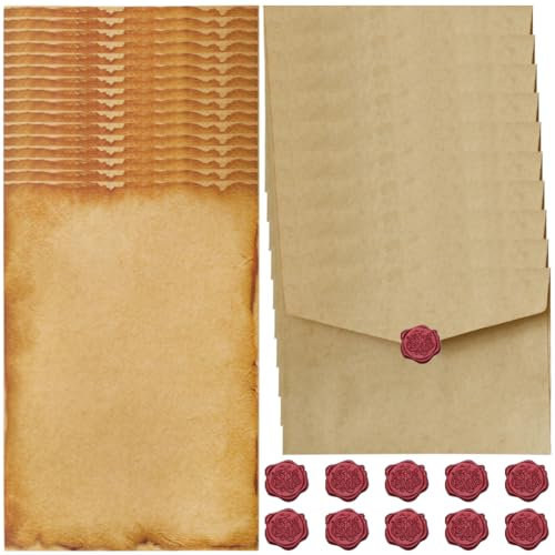 Vintage Briefpapier mit Umschlag Set, Set Vintage Schreiben mit 10 Vintage-papier Umschläge, 16 Briefpapier Vintage A5 und 10 Wachssiegel-aufkleber, Briefpapier Alt für Hochzeits Einladung Grußkarten