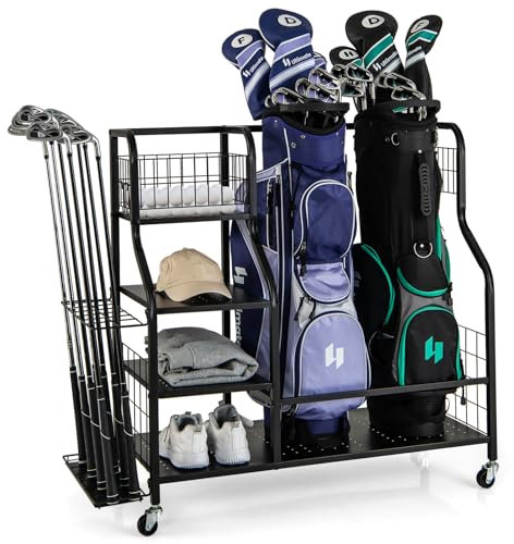 GOPLUS Golf Organizer, Golftaschen-Organizer mit 3-stufigem Ablageregal, Ballkorb, 14 Schläger-Organizer, 2 Handtuchhaken & 4 Seitenhaken, Golftaschenregal mit Rollen für Garage, Club, Fitnessstudio