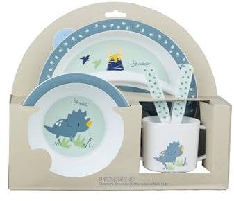 Sterntaler Geschirrset Dino Rexi - Baby und Kinder Geschirr mit rutschfestem Sockel an Teller, Tasse und Becher - robustes Baby und Kindergeschirr aus lebensmittelechtem Material, blau