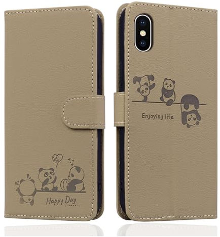Butnyeoe for iPhone XS Max Flip Case with Card Holder, iPhone XS Max Wallet Case for Women, PU Leather Magnetic Book Protective Phone Cover, Cute Cartoon Panda Khaki