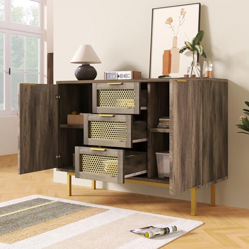Moderner Sideboard Kommode mit 3 Schubladen und 2 Türen, Mehrzweckschrank Aufbewahrungsschrank Küchenschrank mit Metallgriffe und Metallbeine für Flur, Schlafzimmer, Wohnzimmer, 120x40x76cm, Braun