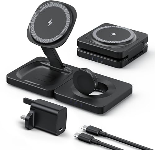 3 in 1 Wireless Charger - ADADPU MagSafe Charging Stand (20W Power Adapter Included) Max 15W Output, Foldable Travel Charger Station for iphone 16/15/14/13/Apple