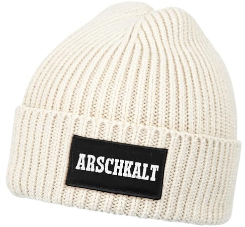 MoonWorks®Damen Beanie mit Patch Strickmütze mit Spruch Arschkalt Aufdruck Lustig Damenmütze