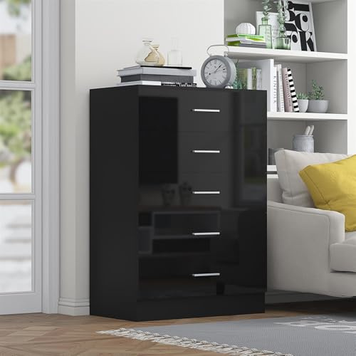 Reflect Tallboy 5 Drawer Chest | Black Gloss & Black Oak | Modern Vertical Bedroom Storage Unit | H: 100cm x W: 70cm x D: 40cm