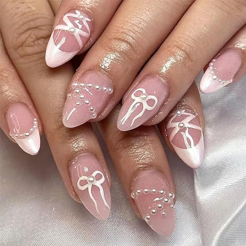 24pcs Almond Stick on Nails - French Tip False Nails with 3D Bow Pearl Patterns - 12 Sizes Fake Nail with Glue - Full Cover Elegant Ballet Acrylic Nails Nail Art Accessories