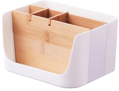 ARCPNRT Schreibtisch Organizer, Multifunktionale Aufbewahrungsbox Schreibtisch, Kosmetik Organizer, Holz Desktop Organizer, Bambus Tisch Organizer 5 Fächer, Weiß