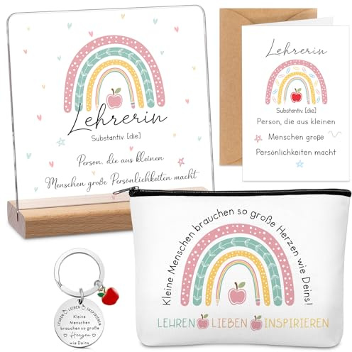 Hestya 5 Stück Dankeschön Geschenke für Lehrerin Abschied Abitur Schule | Regenbogen Acryl Tischdeko, Canvas Kosmetiktasche, Lehrer Schlüsselanhänger, Grußkarte, Umschläge, Geburtstag, Lehrertag