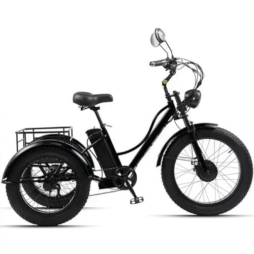 24 Zoll Elektro-Dreirad Mit 7 Geschwindigkeiten Für Erwachsene, 48 V 15 Ah Fat Tire Bike Für Erwachsene, Großer Korb + Lcd-Display + Scheinwerfer, Dreirad Zum Einkaufen Für Die Familie,Black