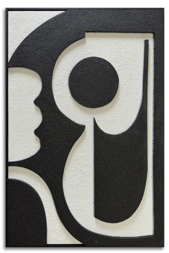 zoinart Minimalistische schwarze und weiße dicke strukturierte Gips-Wandkunst, schwarz-weiß gerahmtes Kunstwerk Wand für Heimdekoration, moderne monochrome Reliefkunst