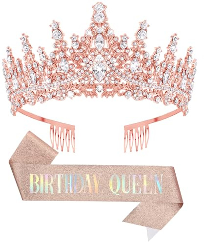 DRESHOW Couronne et Écharpe d'Anniversaire pour Femmes Couronne de Reine et Diadème en Strass Diadèmes et Écharpes d'Anniversaire pour filles Décorations d'Anniversaire Accessoires pour Cheveux