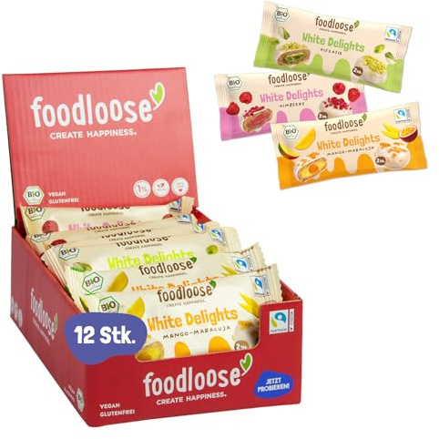 foodloose White Delights Mixpaket | 12 vegane Bio-Snacks in 3 Sorten: Mango-Maracuja, Himbeere & Pistazie | Mit weißer Schokolade & cremiger Füllung | Vegan, glutenfrei, ohne Zusätze