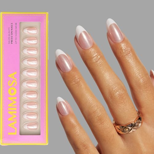 LAMIMOSA 32Pcs Press On Nails Short Almond, French Tip False Nails, OUI! | White Chrome Nails, 16 Sizes, All-In-One Full Kit with Glue & Adhesive Tabs, 2 Weeks Wear, Chip-resistant