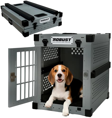 ROBUST Hundetransportbox Auto Faltbar für Alle Hunderassen – Leichte Hundebox aus Aluminium mit Verstärkten Ecken | Tragetasche Hund Kofferraum für Zuhause, Auto, Ausflug und Flugreisen (Gris, L)