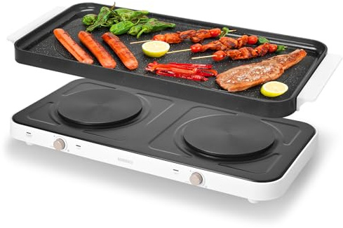 AEWHALE 2-in-1 Electric Griddle & Hot Plate, portable hob Black | 2000W Double Hot Plate Electric Hob,Removable Ceramic Non-Stick Pan,Zone Temp Control for Home Camping & Caravan Cooking