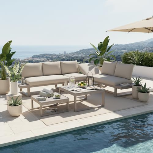 Merax Gartenmöbel Set, mit Verstellbarer Rückenlehne, Ecksofa mit 2 Couchtischen, verzinktes Stahlgestell, Kunststoffholz-Tischplatte, Outdoor Sofa Set für Balkon und Terrasse, Khaki