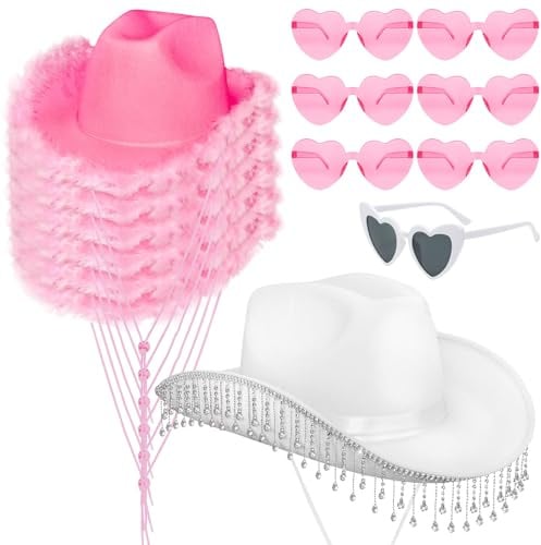 Xaztr Kit Cow-Girl 14 Pièces avec 7 Chapeaux Western et 7 Lunettes Cœur | 6 Chapeaux Roses à Plumes et 1 Blanc à Strass, Accessoires de Costume pour EVJF, Mariage, Anniversaire, Halloween et Carnaval