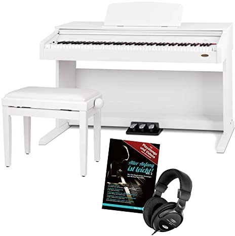 Classic Cantabile DP-210 WM E-Piano SET inkl. Bank, Kopfhörer, Schule (Digitalpiano 88 Tasten Hammermechanik, Kopfhöreranschlüsse, USB, Metronom, 3 Pedale, Piano für Anfänger, inkl. Noten) weiß matt
