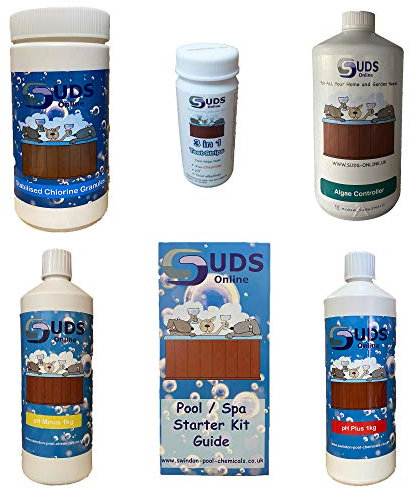 Suds Online Swimming Pool Starter Kit 1KG- Includes Chlorine, pH+, pH-, Algaecide & Strips (Granules)