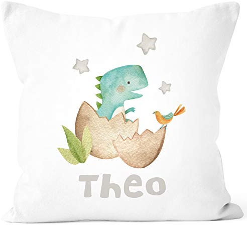 SpecialMe® Kissen-Bezug mit Namen Wunschname Dino Dinosaurier T-Rex Tiermotiv Namenskissen Kinder Baby T-Rex weiß Unisize