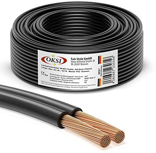 OKSI Lautsprecherkabel - 2x2,5mm² - 30 m, Schwarz | Kupferkabel für HiFi, Anschluss von Audio-Stereo an Verstärker, Surround-Sound-System, TV-Heimkino und Autoradio. Made in Germany