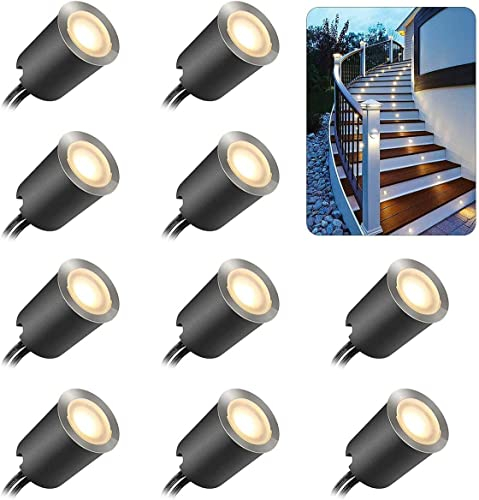 SMY 10er LED Bodeneinbaustrahler Terrassen Einbaustrahler Aussen, IP67 wasserdicht 12V 0,6W Ø32mm Treppen Holzdeck Garten Terrassenbeleuchtung 2800K(Mit EU-Stecker)