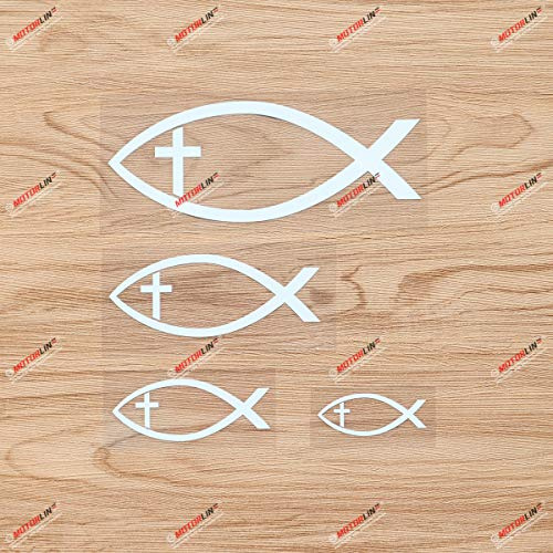 Ichthys Jesus Fisch Kreuz Christliches Symbol Ichthus Vinyl Aufkleber Sticker - 4er-Pack weiß, 5,1 cm, 7,6 cm, 10,2 cm, 15,2 cm - ohne Hintergrund - für Auto Boot Laptop Becher Handy
