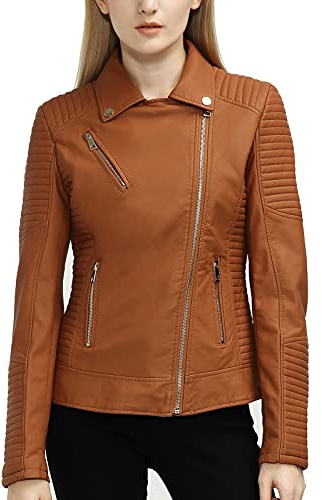 BELLIVERA Donna Giacca in pelle PU con tasche con zip Primavera Autunno Abbigliamento Corto Moto Biker Cappotto 53 Marrone XL