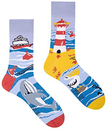 Spox Sox Casual Unisex für Damen und Herren – lustige, mehrfarbige, bunte, verrückte, unterschiedliche, gemusterte Socken für Individualisten, Gr. 40-43, Meer und Seeufer