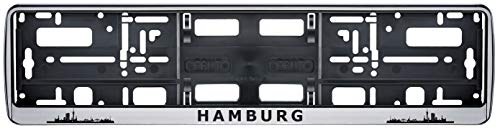 Auto Kennzeichenhalter Hamburg Skyline in der Farbe Silber/Schwarz Nummernschildhalterung Auto, Nummernschildhalter Fanartikel 2 Stück