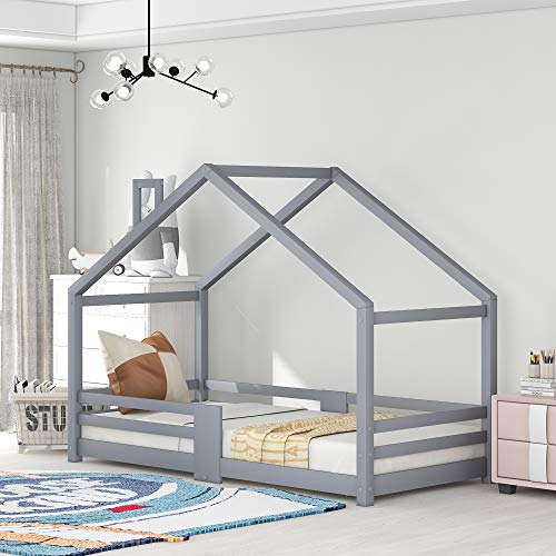 Merax Hausbett 90x200 mit Rausfallschutz, Kinderbett 200x90, Kiefernholz Hausbett for Kids, Massivholz Kinder Bett mit Lattenrost, Holz Bett für Kinder mit Dach (ohne Matratze) (Grau)