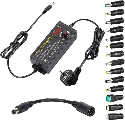Fuente de alimentación Universal Regulable, 3 V ~ 24 V 3A 72W Adaptador de Corriente Ajustable, 100 V-240 V AC a DC Converter con Pantalla de tensión LED y 14 Puntas y Cable de polaridad