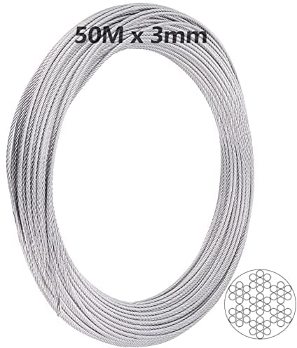ZEONHEI Câble en Acier Inoxydable 50 m x 3 mm, 7 x 7 Noyaux de Toron Cable Métallique, Fil de Serrage pour Corde à Rideau, Garde-Corps, Suspension de Jardin, Extérieur