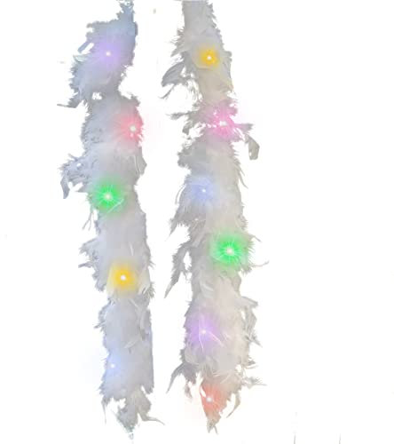 2M Weiße Federboa mit LED Licht Weihnachtsbaum Girlande Deko, Hängende Federgirlande WeihnachtsbaumschmuckSchleifen Federn Anhänger Flauschige Weihnachtsgirlanden Truthahnfeder für Innen Außen