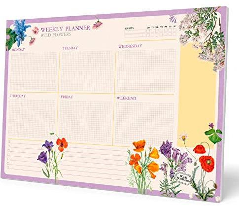 Grupo Erik Wochenplaner Tischkalender Block A4 - Kalender Planer Botanical Wild Flowers - Tischplaner A4 ohne festes Datum - Schreibunterlage auf Englisch