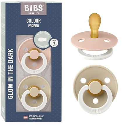 BIBS Colour Symmetrical Glow Schnuller 2er-Pack, BPA-frei. Leuchtet im Dunkeln, Symmetrischer Nippel. Naturkautschuk/Latex, Hergestellt in Dänemark. Größe 1 (0-6 Monate), Blush Glow/Vanilla Glow