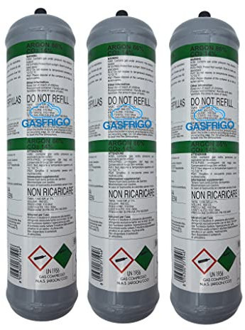 GASFRIGO ® - Nr. 3 Bombole usa e getta gas miscela argon co2 da 1 lt. 110 bar attacco M10x1 - saldatura MAG - NOTA E' UN PRODOTTO PROFESSIONALE