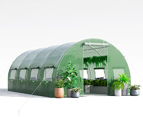 COSTWAY Gewächshaus, 6x3x2m|18m², Foliengewächshaus mit Metallgestell, Treibhaus mit 10 aufrollbaren Netzfenstern & 2 Reißverschlusstüren, Garten Folientunnel, für Tomaten Gemüse Blumen Obst, Grün