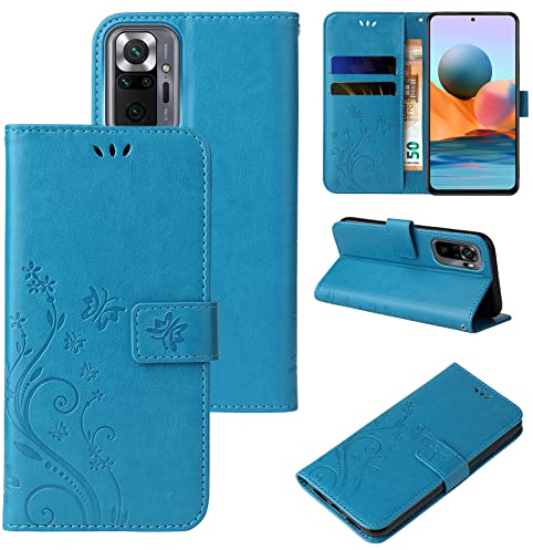 LBH Handy Hülle für Xiaomi Redmi Note 10 Pro Case Handytasche Schmetterling Blumen Flower Standfunktion Schutzhülle Magnet Rundum Schutz 360 Grad Flipcase Cover Blau