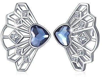 Fächerförmige Damen Ohrstecker 925 Sterling Silber Kristall Herz Ohrringe Schmuck Geschenke für Frauen (Blauer Kristall)