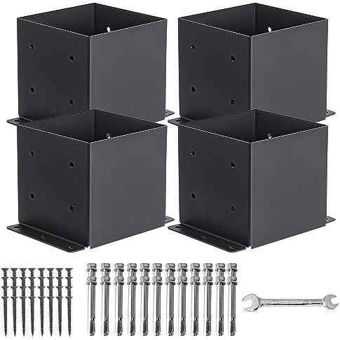 Nrspp 6x6 Post Base 4 Pcs,(Inner Size 5.6x5.6) Wood Fence Pergola Post Bracket , Black Powder Coated Post Anchor,Deck Post Base Support Base Plate Pergola Brackets Fence Kit